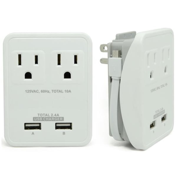 Rnd Accessories Compact Power Station 2.4 Amp Dual Ports; 2 AC Outlet Wall Charger With 7 in. Micro USB Cable - White RND-WPT221-W - main